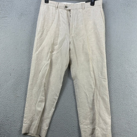 Claiborne Linen Blend Pants Dress Men 34X30 Beige Flat Front Straight Leg Pocket